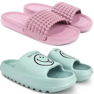 Pampy Angel Combo Pack of 2 Slipper/Flip Flops/Slides/Clogs/Sandals with Adjustable Back Strap for Women,(Moti-Pink,YW-Love-Green),39 (Euro)