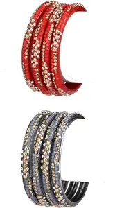 Somil Combo Of Party & Wedding Colorful Glass Bangle/Kada, Pack Of 8, Red & Grey