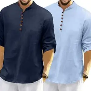 FINIVO FASHION Combo of Men’s Casual Full Sleeve Kurta Style Shirt with Button Placket, Lightweight Breathable Fabric, Regular Fit Ethnic Fusion Wear for Daily & Festive Use Pack of 2