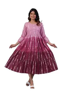 Sarai Creations Women Cotton Lurex Calf Length Tie and Dye 3/4 Sleeve Flared Dress(Wine)