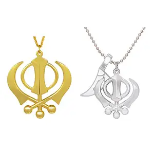 Memoir Combo Jewellery pendant of Big Brass and Steel Khanda-kirpan Sikh Sardar Punjabi God jewellery chain pendant necklace for Men and Women