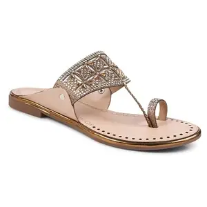 Padchin Women Copper Kolhapuri Flats Heel | Ladies Stylish Chappal, Toe Ring Embellished Slippers Sandals