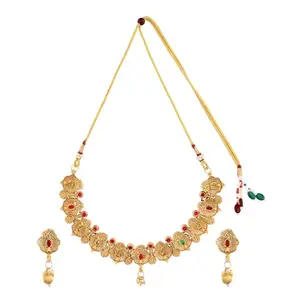 Matte Golden Floral Design Kempu Stone Necklace Choker Jewellery Sets For Women