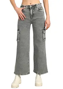 Nifty Women's Denim Stretchable Wide Leg Cargo Jeans (1465_Gry_32_Grey_32)