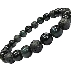 9Dzine Triple Protection Bracelet for Men & Women (8mm) | Black Tourmaline, Lava, Obsidian Beads Bracelet for Girls & Boys | Natural Reiki Feng Shui Healing Stone Elastic Bracelet for Unisex Adult