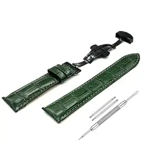 Lineon 22mm Half Padded Premium Leather Mens Watch Strap with ButterFly Lock For Branded Watches Tool and Pins Include