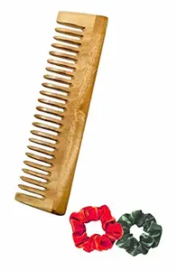 BigBro Pure Natural Wooden Comb Wide Teeth for Women and Men | Organic Antibacterial Hair Dandruff Remover Styling Comb | Handcrafted (Super Saver Pack of 1Combs + 2 Velvet Hair Scrunchies)