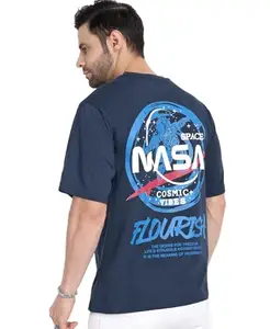 Cotton Blend Men's Printed Oversized 3/4th Sleeve T-Shirt (Navy Blue)