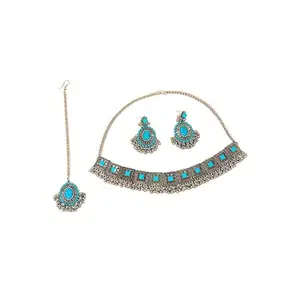 Traditional Turquoise Blue Silver Choker Necklace Set with Earrings and Maang Tikka, Festive Wedding Jewellery