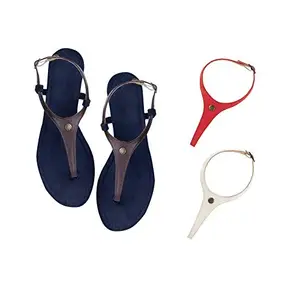 Cameleo -changes with You! Women's Plural T-Strap Slingback Flat Sandals | 3-in-1 Interchangeable Leather Strap Set | Brown-Red-White