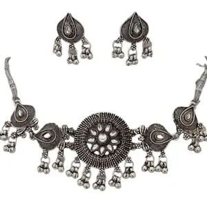 EVY Oxidised Silver Plated Black Choker Necklace Antique Jewellery Set for women (Design 1)