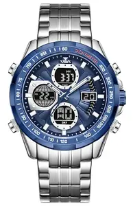 V2A Luxury Fashion Casual Business Sport Design Analog-Digital Chronograph Watch for Men| Stainless Steel Chain| 45mm Big Dial | Multifunctional | 30M Waterproof |Gift for Men, Him (Blue)
