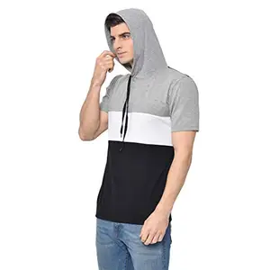 Mack JONNEY Cotton Blended Color Block Half Sleeves Hooded Grey T-Shirts for Men-T_13_MLG01-L