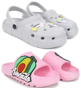 Pampy Angel Combo Pack of 2 Slipper/Flip Flops/Slides/Clogs/Sandals with Adjustable Back Strap for Women,(WCL-Ranbo-Grey,T-Acado-Pink),38 (Euro)