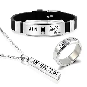 University Trendz Unisex BTS Fan Combo -Jin Signature Silicon Bracelet, Bangtan Kpop Bar Pendant Necklace & DOB Engraved Stainless Steel Ring (Pack of 3)