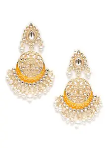 Karatcart Gold Plated Handcrafted Yellow Meena and Pearl Long Dangler Earrings for Women