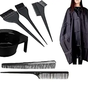 E-DUNIA Fashion Dye Brush, Hair Comb and Hair Color Apron Mixing Bowl Professional Hair Coloring Dyeing Combo Kit for Men and Women (Black) (Set of 7)