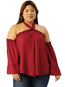 theRebelinme Plus Size Women's Maroon Solid Color Halter Neck Woven Top(XXXXL)