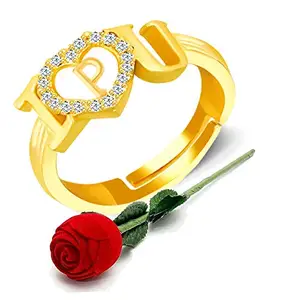 MEENAZ CZ AD Valentine American diamond Gold Plated Adjustable I Love You Heart Initial Letter Name Alphabet Love P Finger Rings for women girls girlfriend couples lovers Stylish Red Ring ROSE BOX SET