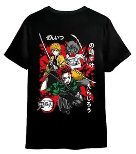 Team Demon Anime Printed Black Cotton T-Shirt (Medium)