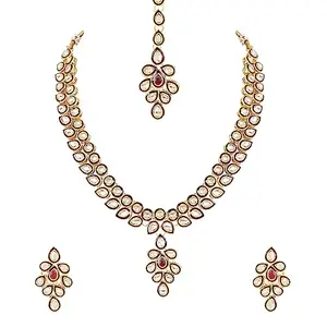 I Jewels Gold Plated Traditional Maroon Meenakari Handcrafted Kundan Necklace With Dangle Earrings & Maang Tikka Jewellery Set For Women/Girls (IJ356M)