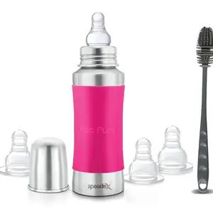 Speedex Stainless Steel Baby Feeding Bottle and Cleaning Brush Combo with Internal ML Marking (240 ML with Brush,3 Nipple Free, Pink Colour)
