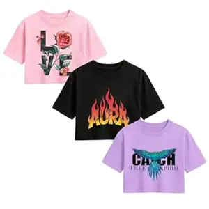 CRT ENTERPRISES Women Printed Crop Top Pack of 3 | Trendy Graphic & Floral Designs | Soft Cotton Casual Crop T-Shirts for Girls & Women