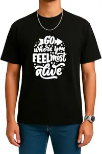 Aruna Lifestyle Go Where You Feel Most Alive Men's Drop Shoulder Graphic T-Shirt – 100% Cotton Blend, Oversized Fit, Travel Tee for Men & Boys – Black (S to XXL)