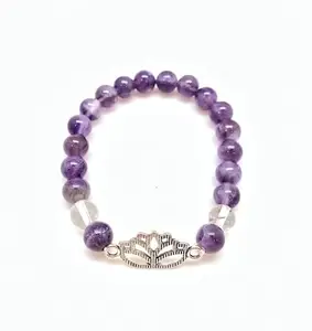 LKBEADS Natural Amethyst With Crystal Quartz 8mm Round Shape Smooth Cut Beads 7.5 inch Stretchable Bracelet for Men & Women.|STBR_RR_00550_7.5