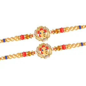 De Marquis Religious Pearl Kundan Rakhi Set, Chawal Roli Pack, Greeting Card Set (2 Rakhi Set)