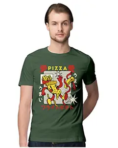 ALLEN BLACK Men's Regular Fit T-Shirt Pizza Retro Cartoon 100% Cotton T-Shirt Olive Green_PIZAJARTON-Olive Green S Men Round_