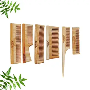 GrowMyHair Neem Wood Comb Anti-Bacterial Anti Dandruff Comb for All Hair Types, Promotes Hair Regrowth, Reduce Hair Fall (Set of 6, Wide & Thin, Broad, Long Tail, Handle, Wide, Pocket Comb)