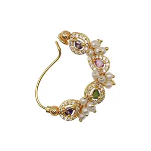 Traditional Gold-Plated Maharashtrian Nath, Multicolour Stone and Pearl Nose Ring, Bridal Wedding Jewellery