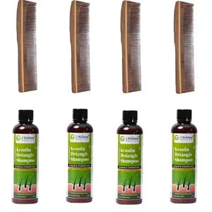 G Krishna Naturals Combo Pack of Hair Brushes Wooden Neem Comb & Detangle Hair Shampoo for Women & Men | Wood Kangi and Hair Shampoo for Natural Hair Growth (Pack of 4 Each)(GKNKPC4-04)