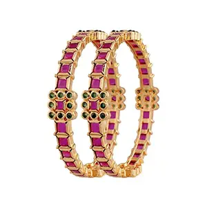 I Jewels 18K Gold Plated Traditional Pota Stone Studded Brass Bangles For Women/Girls (ADB440QG-a) (Set of 2)