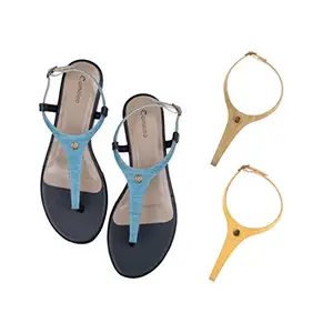 Cameleo -changes with You! Women's Plural T-Strap Slingback Flat Sandals | 3-in-1 Interchangeable Strap Set | Light-Blue-Olive-Green-Red