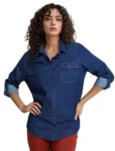 Wingzss Women's Denim Button-Down Shirt, Long Sleeve, Roll-Up Cuffs, True Blue (in, Alpha, M)
