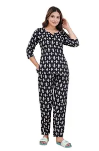 VNSAGAR Women's Rayon Printed Night Suit Set Top and Pyjama Set-Black_3XL