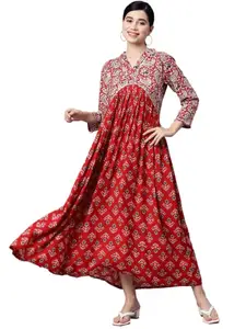 INDIBELLE Rayon Red Paisley Print A-Line Dress (Red-XX-Large)