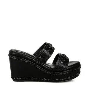 London Rag Rhinestone & Diamante Wedge Sandals Black 3 Inch 39