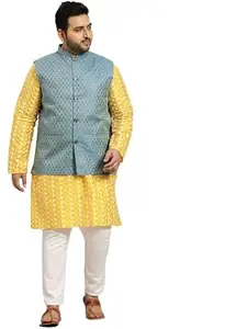 SOJANYA Men's Silk Blend Yellow Embroidered Kurta & Self Design Nehru Jacket with White Churidar Set::Size-6XL