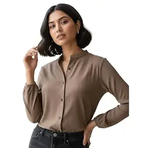 Hava Fashions Women’s Long Sleeve Button-Down Casual Shirt Solid Formal Office Collarless Regular Fit Workwear Top for Women Girls