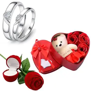 Fashion Frill Valentine Gift For Girlfriend Heart Silver Couple Ring Red Rose Ring For Women Girls Men Boys Valentine's day Gift Heartbox with Teddy Gifts For Wife Girlfriend