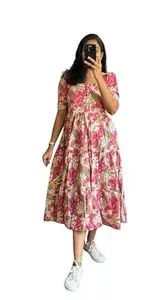 Women's Pure Cotton Maxi Midi Dress Western Dress for Women Elegant Floral Printed Long Dresses | Soft & Breathable Fabric | Casual Trending Dress for Women