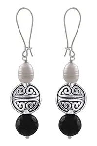 JFL - Jewellery for Less German Silver Plated Oxidised Semi Precious Pearl and Agate Bead Designer Earring for Girls and Women (Black),Valentine