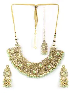 Priyaasi Mint Green Stone Studded Kundan Jewellery Set for Women | Fancy Bridal Jewellery Set for Women & Girls with Earrings & Maangtikka