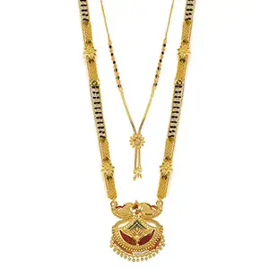 Brado Jewellery Traditional Necklace Pendant Gold Plated Hand Meena 30inch Long and 18inch short Combo Of 2 Mangalsutra/Tanmaniya/nallapusalu/Black Beads For Women and Girls