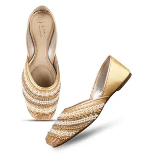 JM LOOKS Stylish Embroidered Jutti For Women/Girls | Embellished Stone Work Jutti | Wedding Bellies | Women Ethnic Shoe Traditional Mojari | Kolhapuri/Jaipuri/Punjabi Jutties | (Gold, 38)