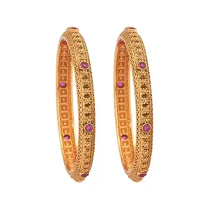 Kushal's Fashion Jewellery Ruby Gold-Plated Ethnic Antique Bangle - 416956