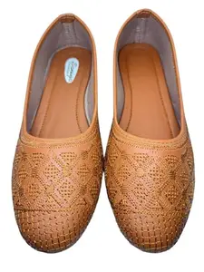 Tan Brown Leather Look Jutti – Hand-Embroidered Casual Ethnic Flats for Everyday Comfort. (Tan Brown, UK Footwear Size System, Adult, Women, Numeric, Medium, 8)